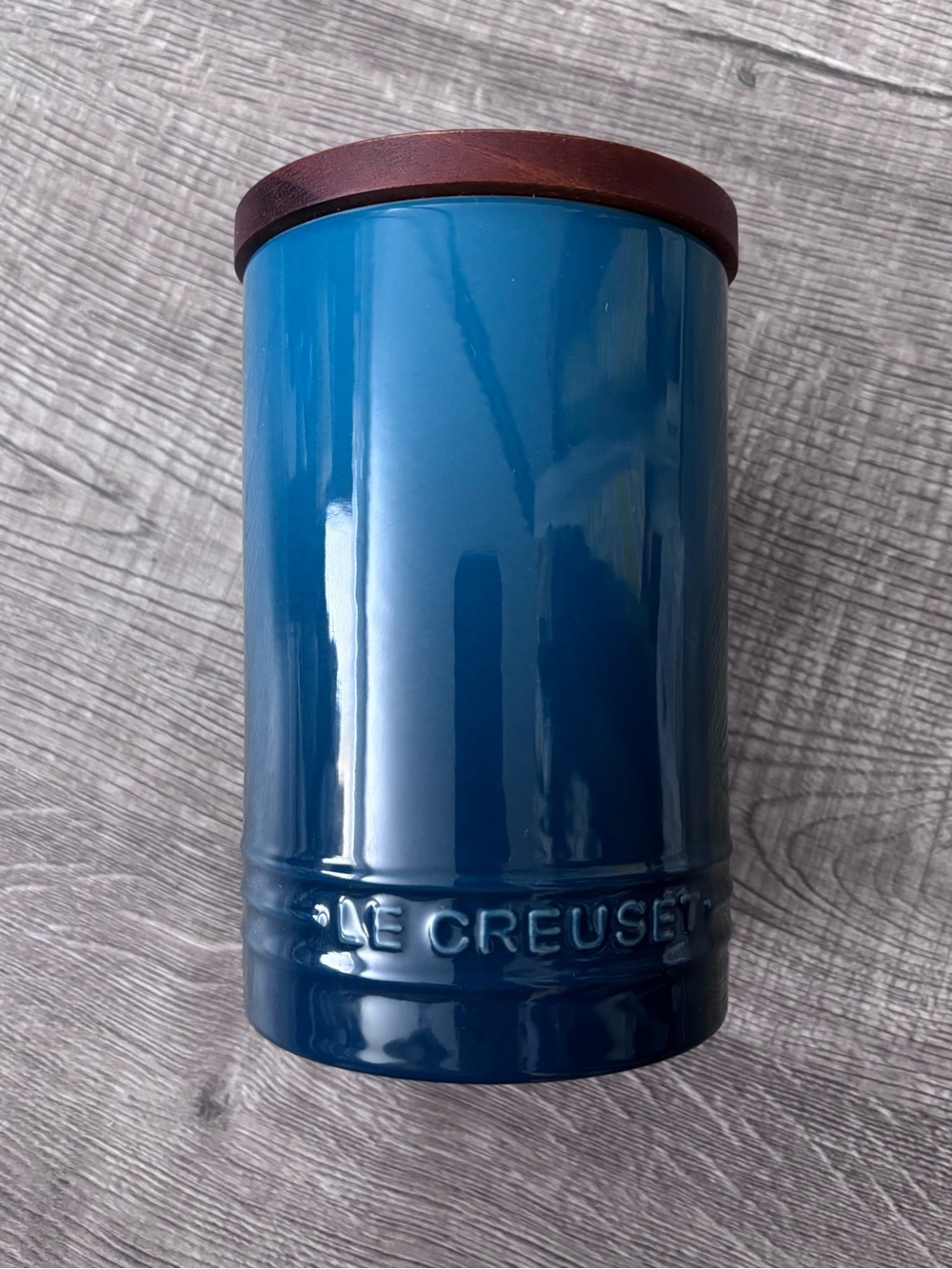 Le Creuset Blue Ceramic Canister with Brown Lid